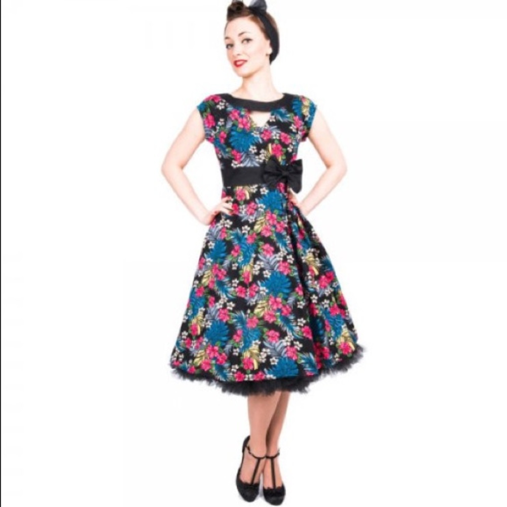 Lindy Bop Kelly Black Floral Rockabilly Dress Med